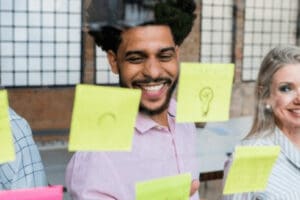 A team of four professionals engages in a design thinking exercise.